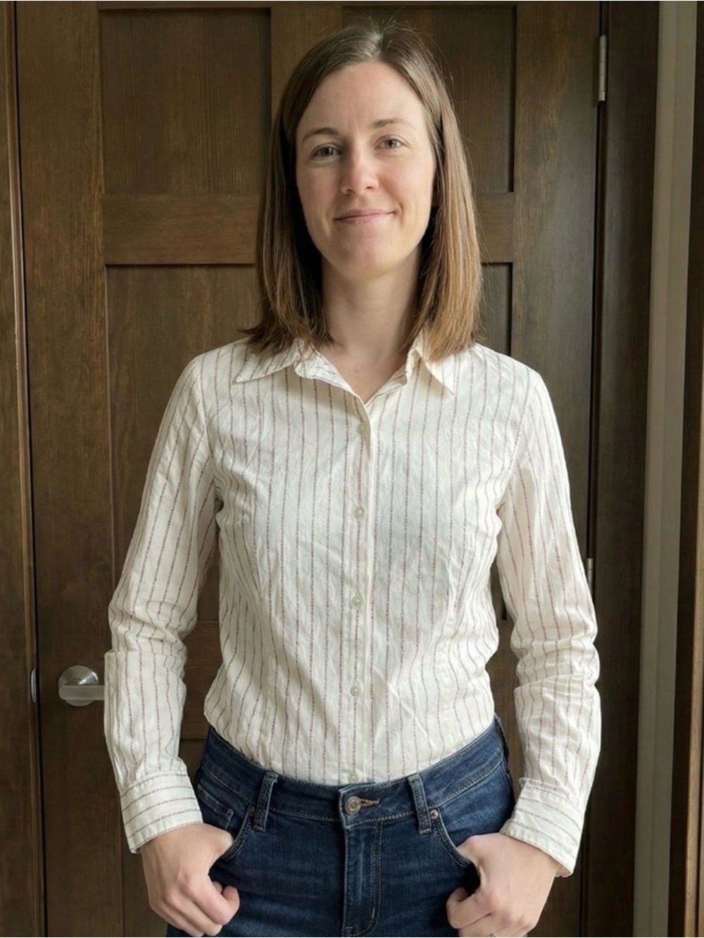 Calvin Klein Vintage Cream Red Logo Striped Button Down Shirt Size 6